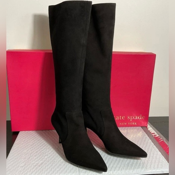 Kate Spade Suede Boots Sz 9 Knee High Black Stiletto Heel Zip New NIB Chic Lux